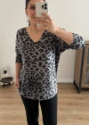 Leopar Desenli Gri Renk İthal Bluz