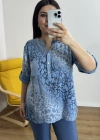 Leopar Desenli Haki Yaka Mavi Bluz