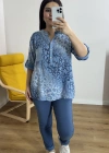 Leopar Desenli Haki Yaka Mavi Bluz