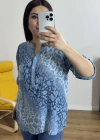 Leopar Desenli Haki Yaka Mavi Bluz