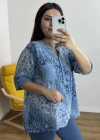 Leopar Desenli Haki Yaka Mavi Bluz