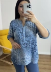 Leopar Desenli Haki Yaka Mavi Bluz