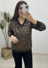 Leopar Desenli V Yaka Kahverengi Yumoş Kazak