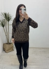 Leopar Desenli V Yaka Kahverengi Yumoş Kazak