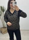 Leopar Desenli V Yaka Siyah Yumoş Kazak