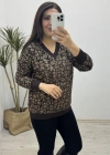Leopar Desenli V Yaka Kahverengi Yumoş Kazak
