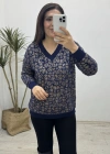 Leopar Desenli V Yaka Lacivert Yumoş Kazak