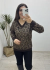 Leopar Desenli V Yaka Kahverengi Yumoş Kazak