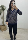 Leopar Desenli V Yaka Lacivert Yumoş Kazak