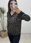 Leopar Desenli V Yaka Siyah Yumoş Kazak