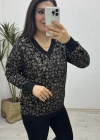 Leopar Desenli V Yaka Siyah Yumoş Kazak