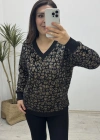 Leopar Desenli V Yaka Siyah Yumoş Kazak