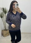 Leopar Desenli V Yaka Lacivert Yumoş Kazak
