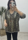 Leopar Sim Baskılı Açık Kahverengi Bluz
