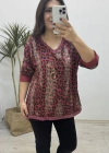Leopar Sim Baskılı V Yaka Kırmızı Bluz