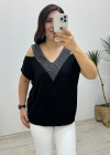 Ön ve Arka V Yaka Sim Detaylı Siyah Bluz
