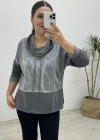 Şal Yaka Taş Baskılı İthal Sweattshırt