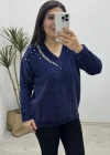 V Yaka Taş İşlemeli Angora Lacivert İthal Kazak