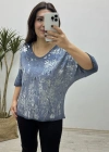 Varaklı İndigo Mavi İthal Triko Bluz