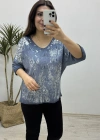 Varaklı İndigo Mavi İthal Triko Bluz