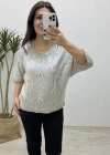 Varaklı Triko Örme Vizon Rengi İthal Bluz