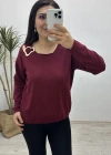 Yaka Aksesuarlı Bordo Triko Bluz