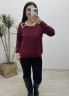 Yaka Aksesuarlı Bordo Triko Bluz