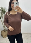 Yaka Aksesuarlı Kahverengi Triko Bluz