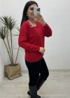 Yaka Aksesuarlı Kırmızı Triko Bluz