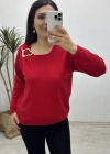 Yaka Aksesuarlı Kırmızı Triko Bluz