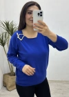 Yaka Aksesuarlı Mavi Triko Bluz