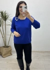 Yaka Aksesuarlı Mavi Triko Bluz