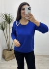 Yaka Aksesuarlı Mavi Triko Bluz