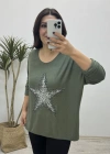 Yıldız Desenli Haki Yeşil İthal Bluz
