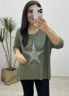 Yıldız Desenli Haki Yeşil İthal Bluz