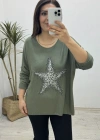 Yıldız Desenli Haki Yeşil İthal Bluz