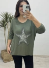 Yıldız Desenli Haki Yeşil İthal Bluz