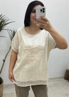 Yıldız Detaylı Krem Keten Bluz