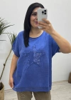 Yıldız Detaylı Saks Mavi Keten Bluz