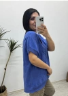 Yıldız Detaylı Saks Mavi Keten Bluz