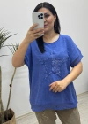 Yıldız Detaylı Saks Mavi Keten Bluz
