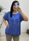 Yıldız Detaylı Saks Mavi Keten Bluz