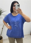 Yıldız Detaylı Saks Mavi Keten Bluz