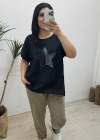 Yıldız Detaylı Siyah Keten Bluz