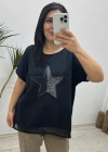 Yıldız Detaylı Siyah Keten Bluz