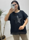 Yıldız Detaylı Siyah Keten Bluz