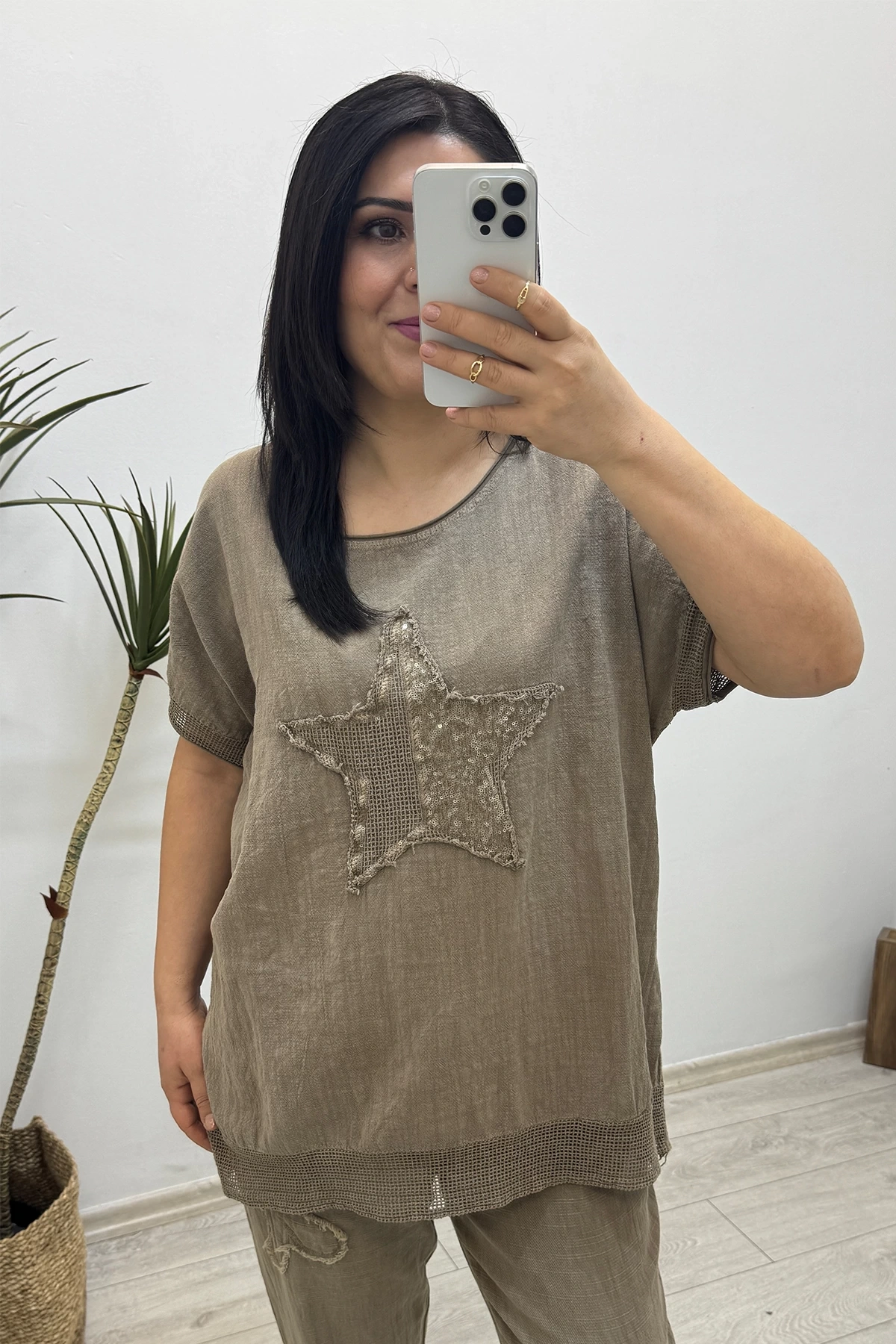 Yıldız Detaylı Kahverengi Keten Takım