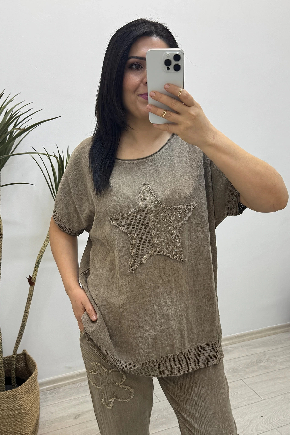 Yıldız Detaylı Kahverengi Keten Takım