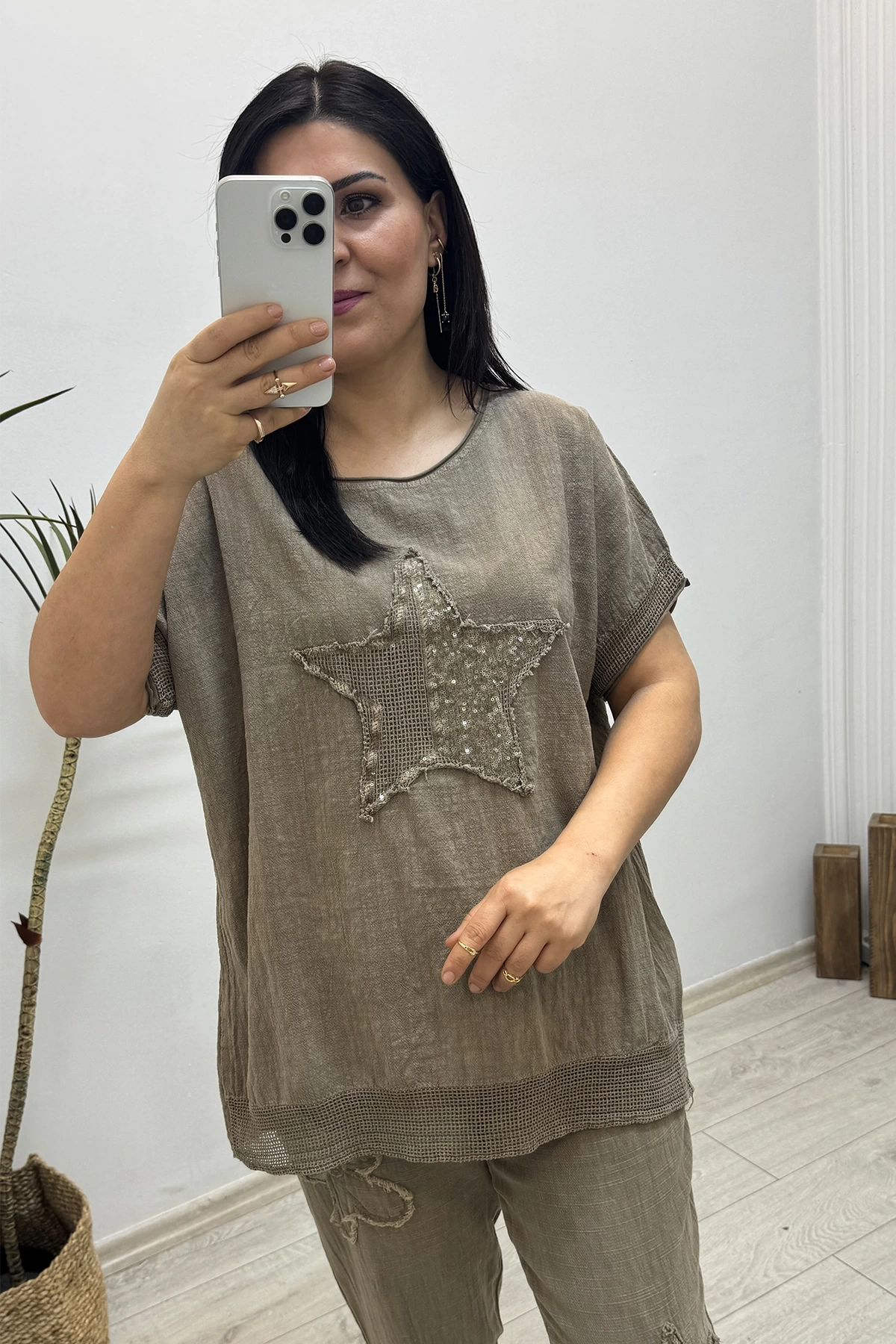 Yıldız Detaylı Kahverengi Keten Takım