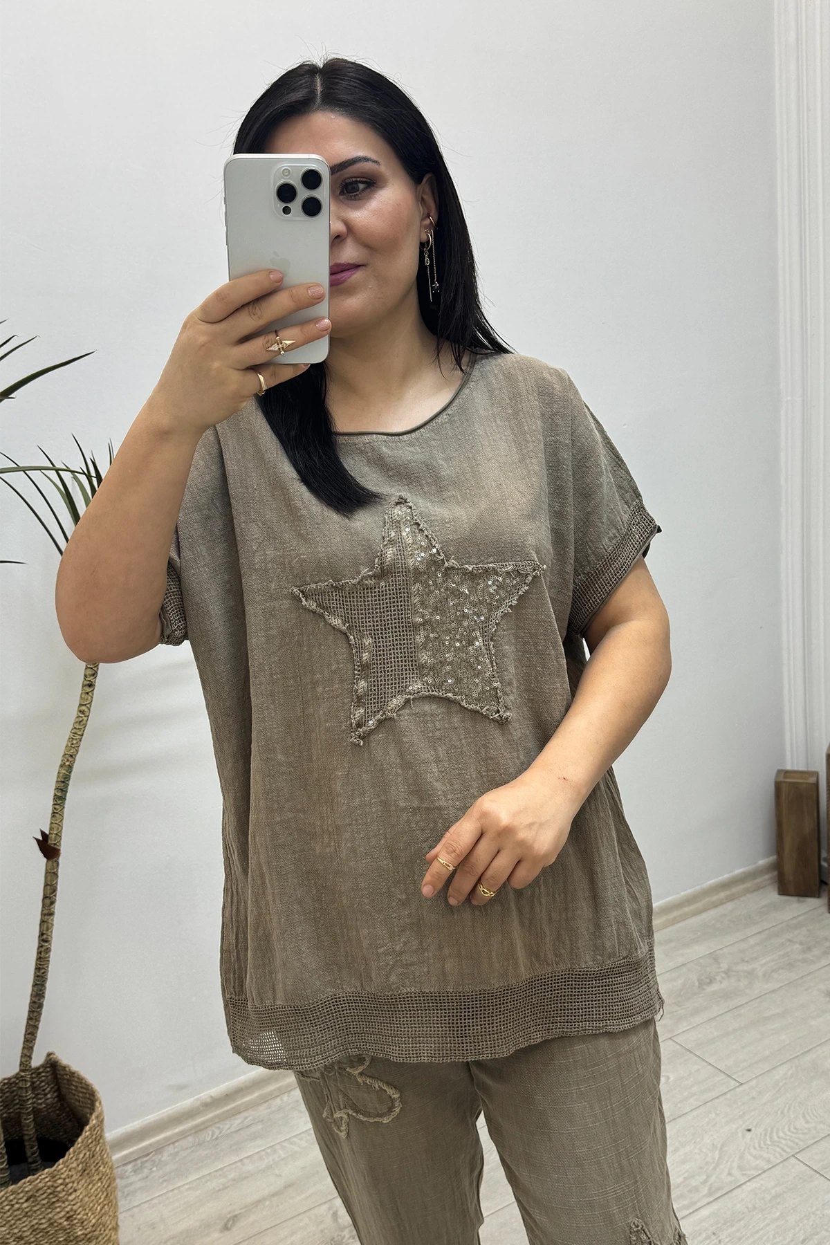 Yıldız Detaylı Kahverengi Keten Takım